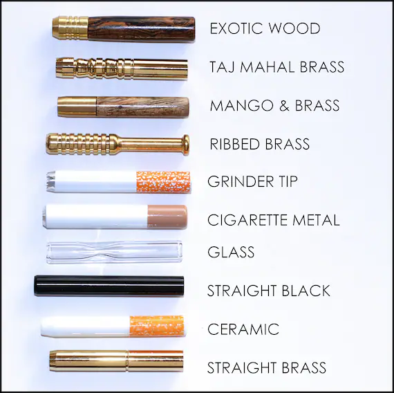 Assorted one-hitters: brass, wood, ceramic, glass, and cigarette-style